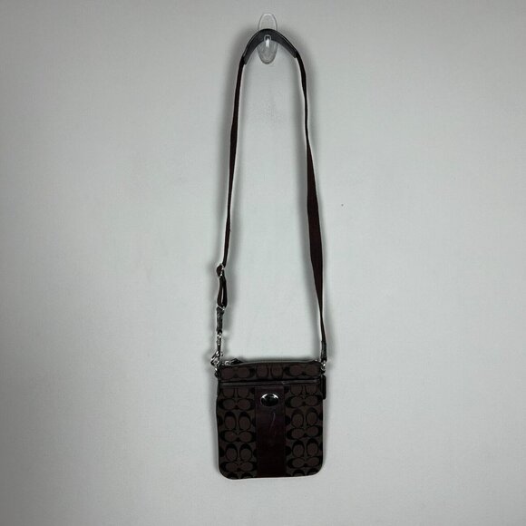 Coach Crossbody Bag Brown Sutton Swing Signature Fabric Vertical Hang Small - Picture 3 of 16